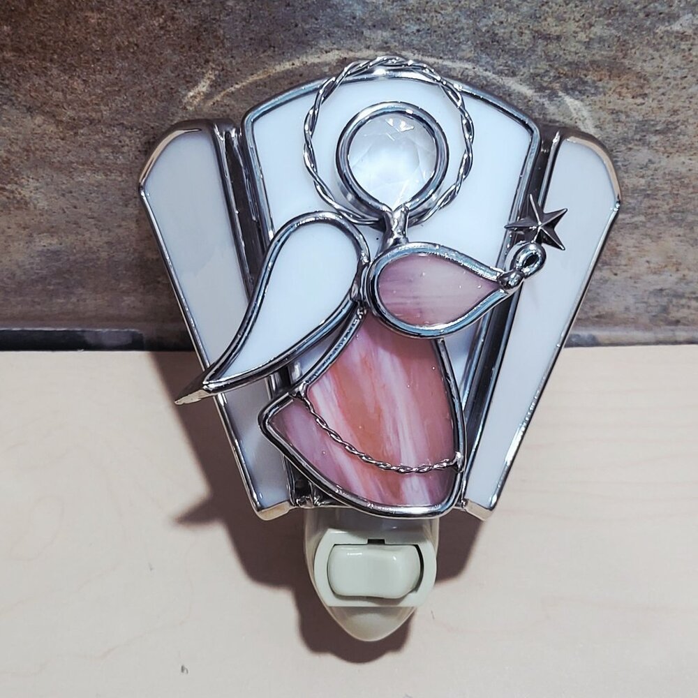 Stained Glass Angel Plug In Nightlight Pink White Silver Plate Finish